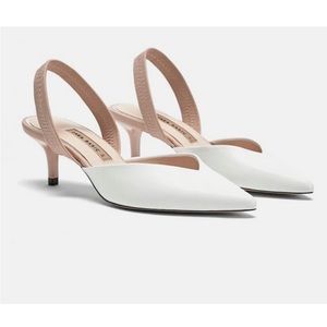 Zara Slingback White Tan Pump Kitten Heel